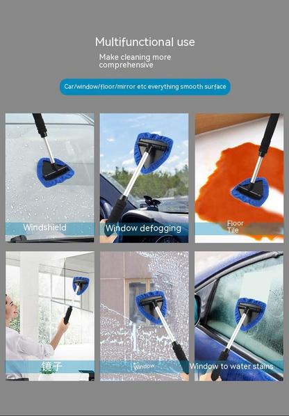 Blue windshield cleaning brush with microfiber pads