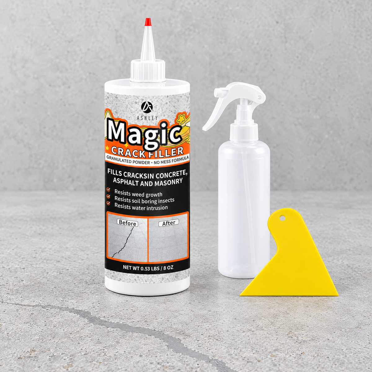 Concrete crack filler bottle with spray bottle and scraper