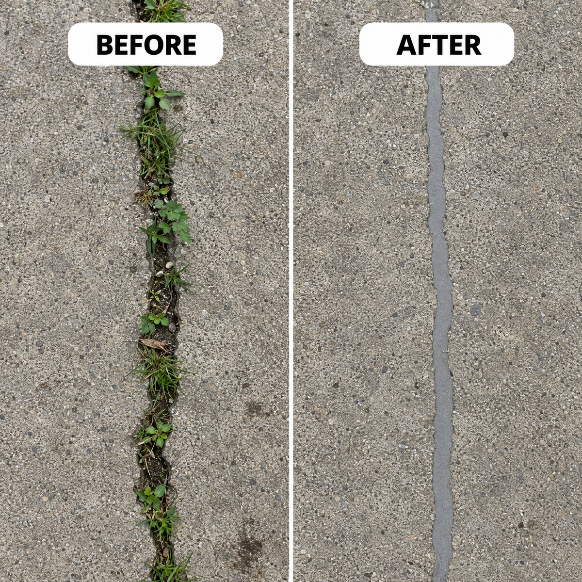 Concrete patio crack before and after using crack filler