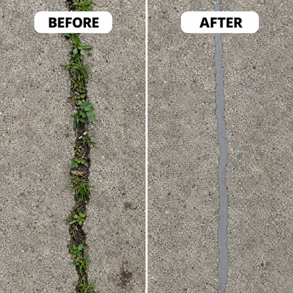 Concrete patio crack before and after using crack filler