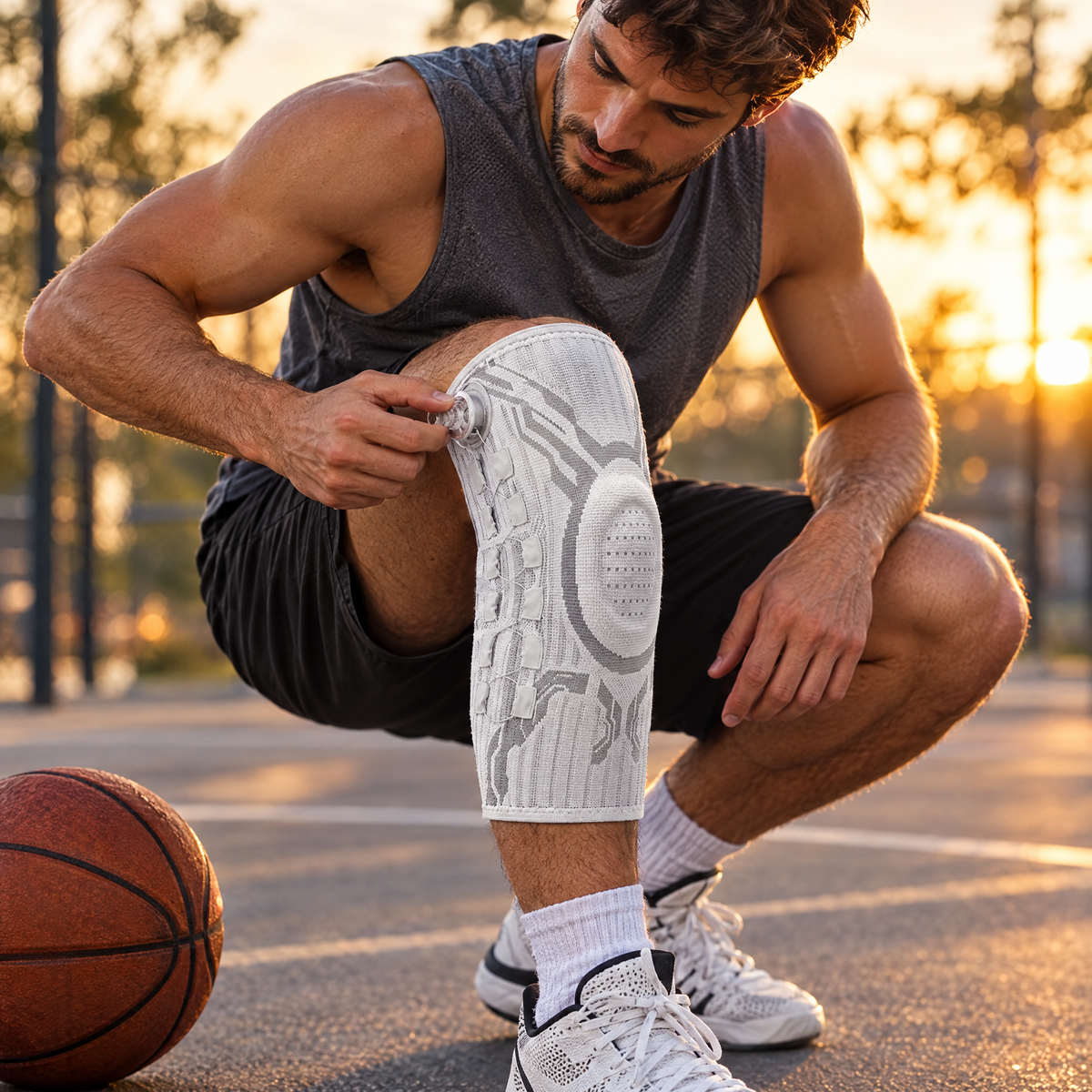 Basketball player wearing a white dial knee sleeve on an outdoor court