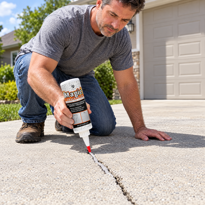 Man filling a driveway crack with concrete crack filler