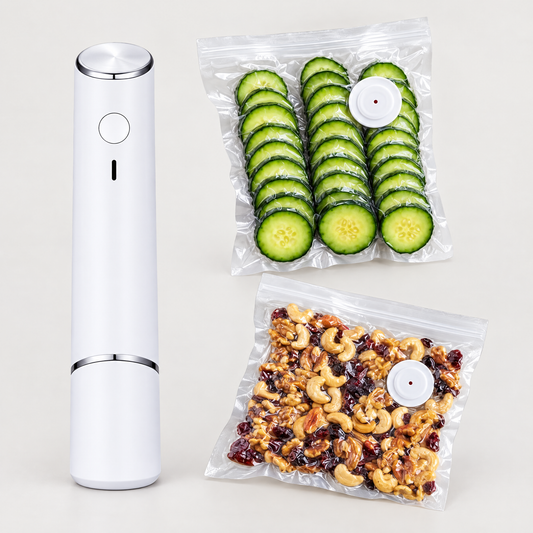 Handheld vacuum sealer with reusable vacuum bags of cucumber and nuts