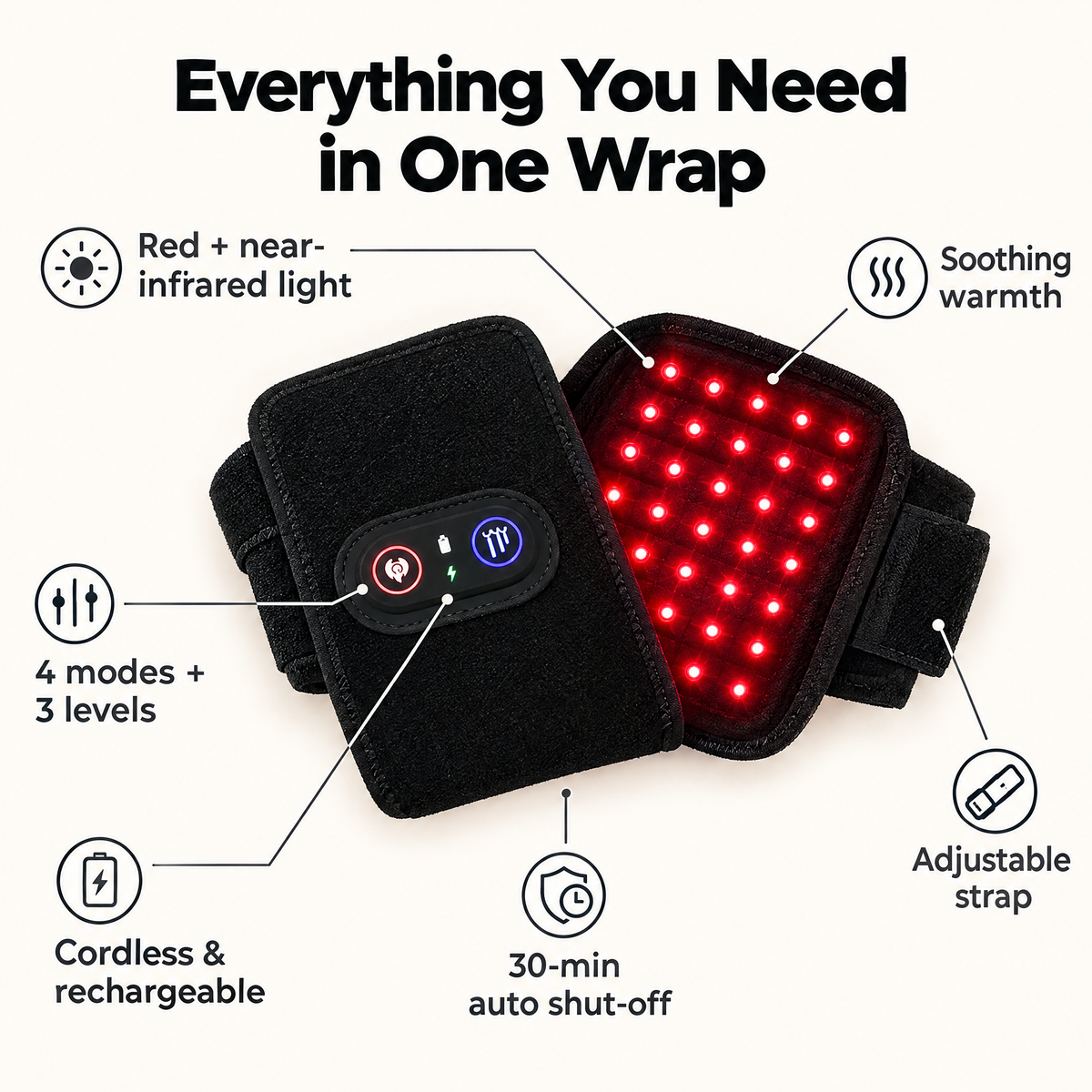 Red light wrist wrap features: red and near-infrared light, warmth, modes, cordless