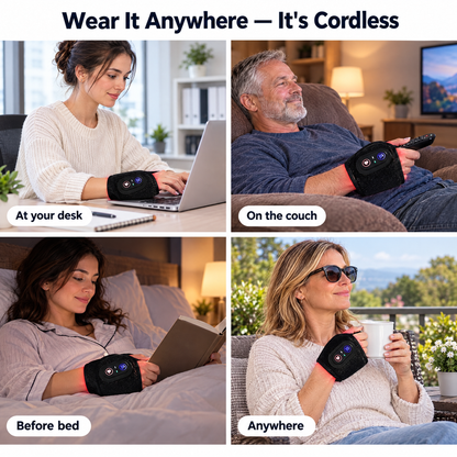 Cordless red light wrist wrap worn at desk, couch, bed and outdoors