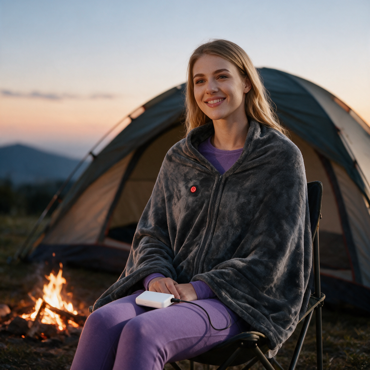 Heated wearable shawl used outdoors while camping