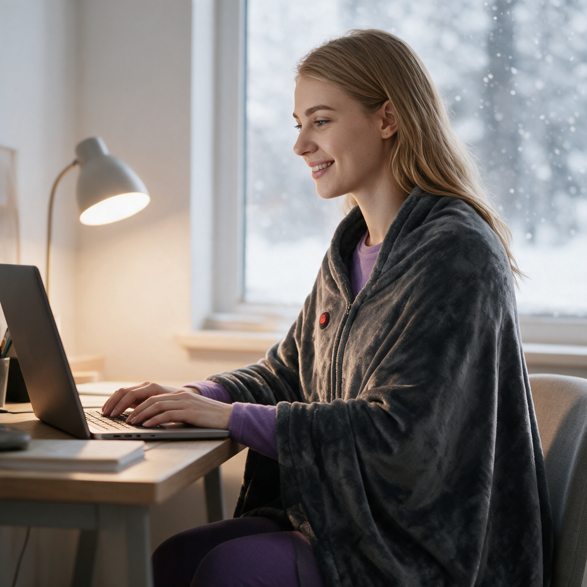 Heated shawl worn at a home office desk on a cold day