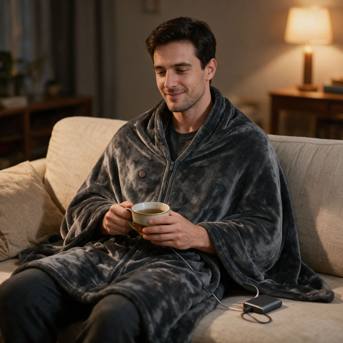 Man relaxing on the sofa in the USB heated shawl powered by a power bank