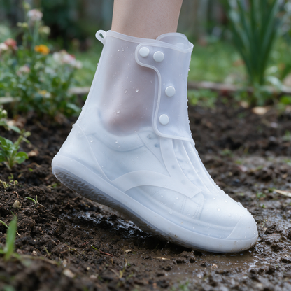 Shoe cover keeping a sneaker clean in garden mud
