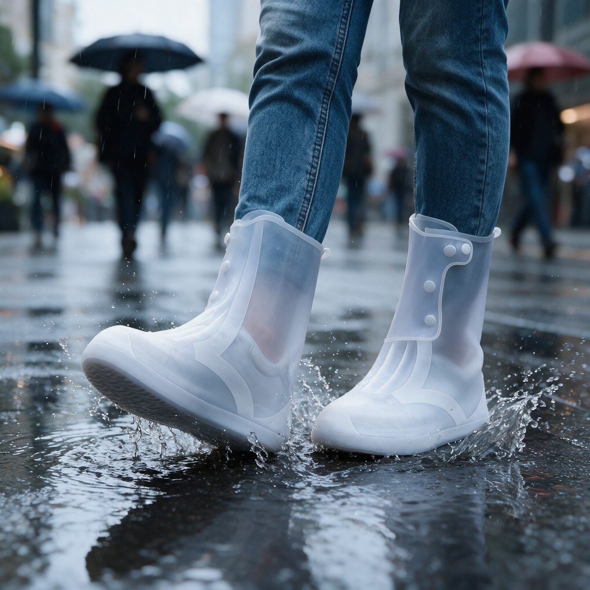 Walking through a rain puddle in reusable waterproof shoe covers