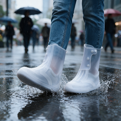 Walking through a rain puddle in reusable waterproof shoe covers