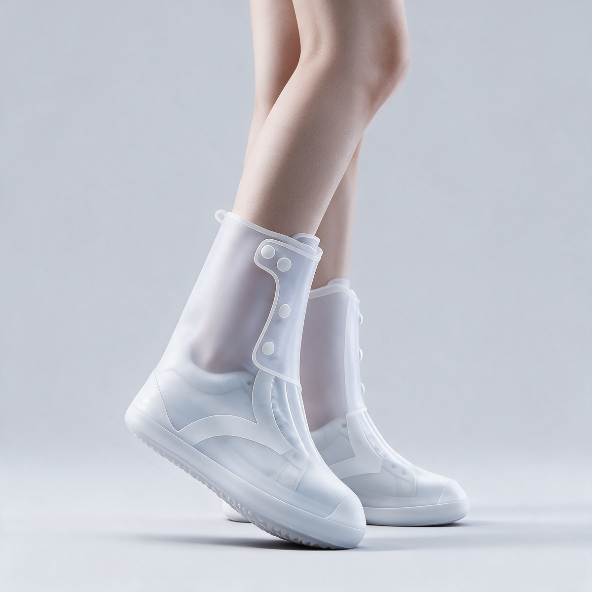 White translucent waterproof high-top shoe covers with side snap buttons