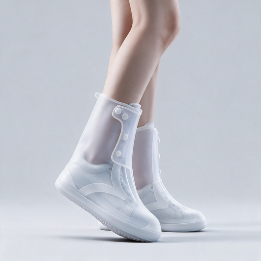 White translucent waterproof high-top shoe covers with side snap buttons
