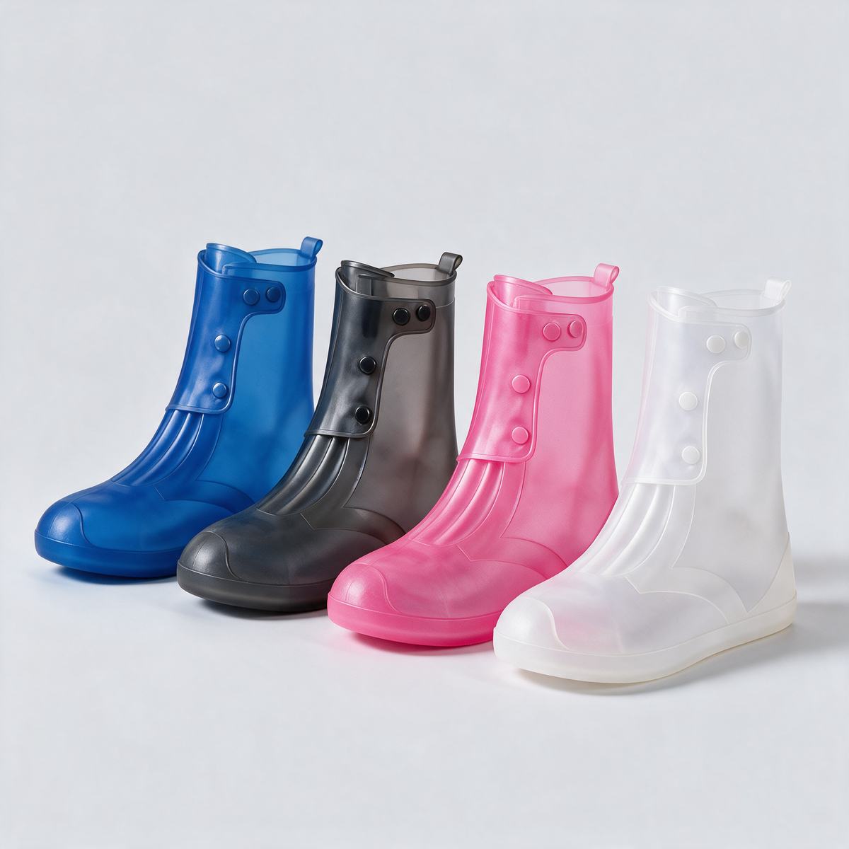 Waterproof shoe covers in blue, grey, pink and white