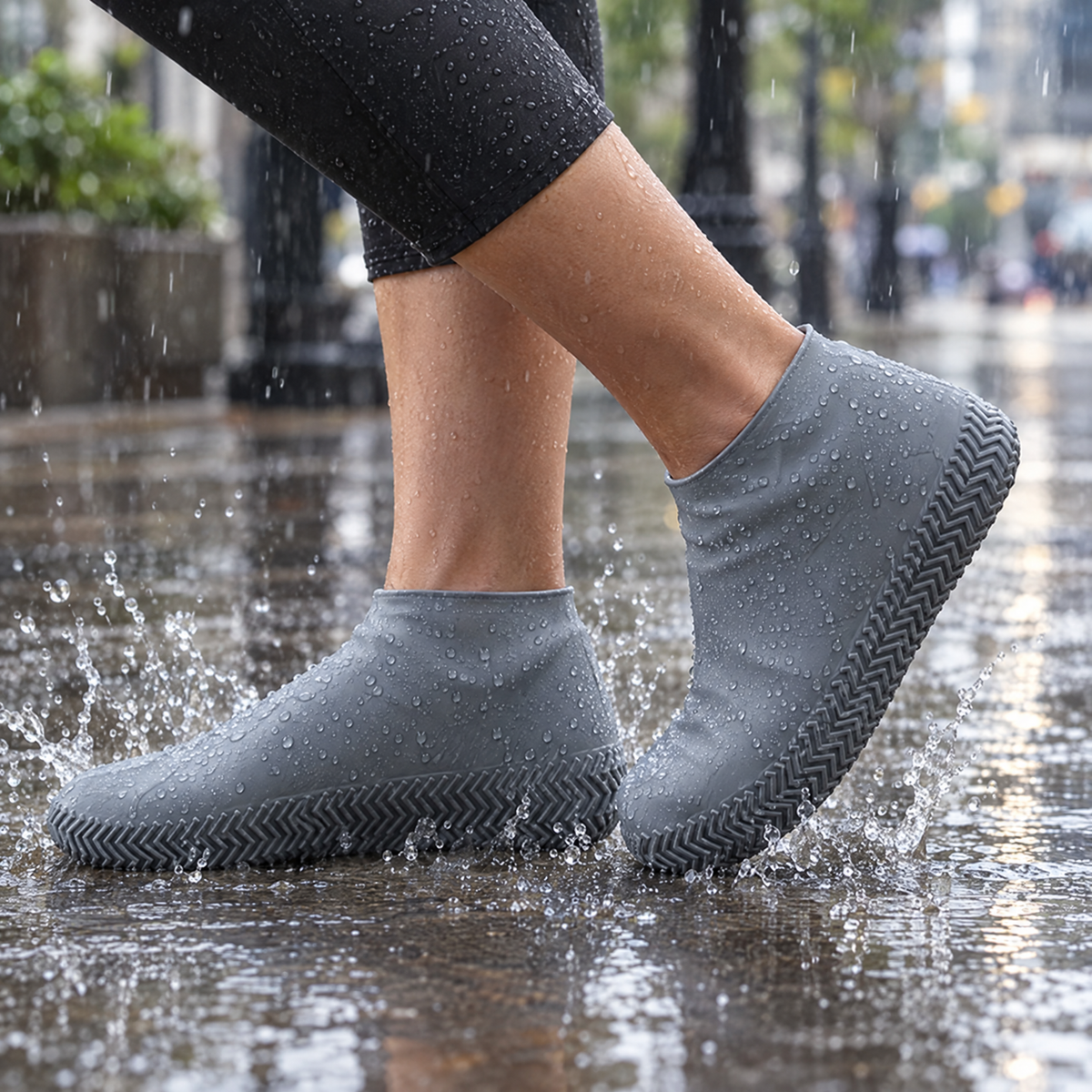 Stepping into a rain puddle in silicone shoe covers – sneakers stay dry