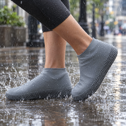 Stepping into a rain puddle in silicone shoe covers – sneakers stay dry