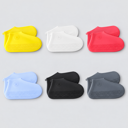 Silicone waterproof shoe covers in yellow, white, pink, blue, black and grey