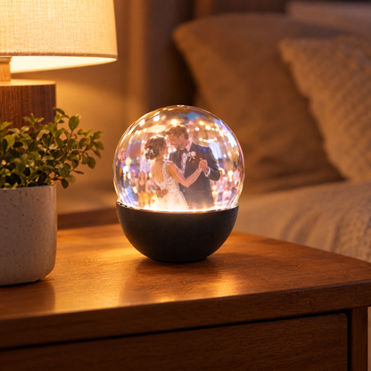 3D video crystal ball on bedroom nightstand playing wedding video