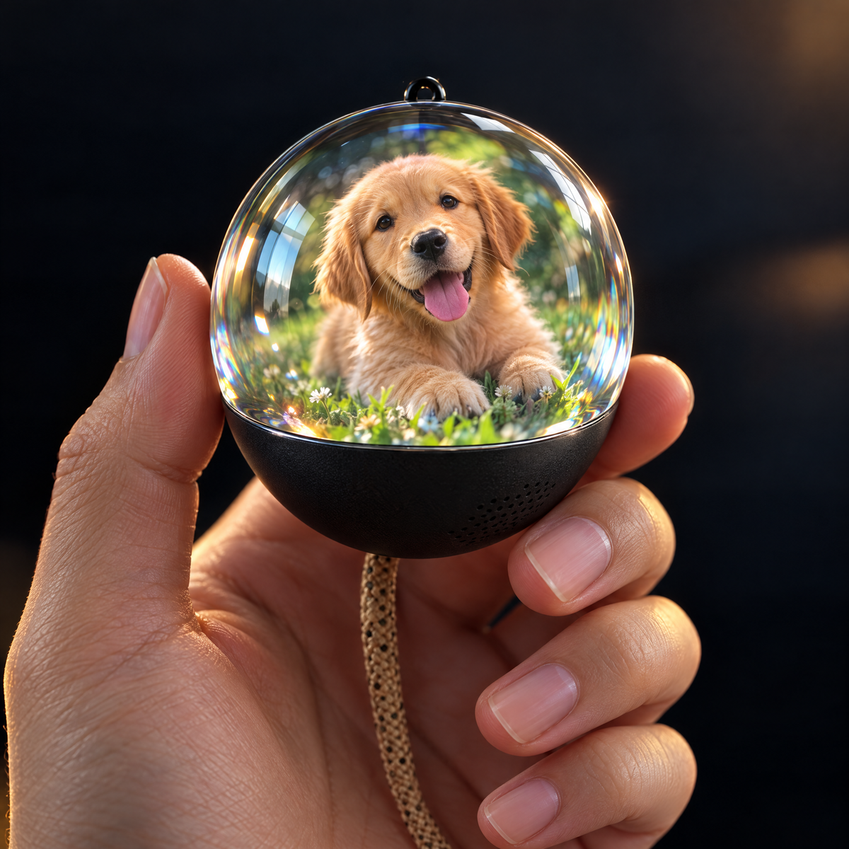 Close-up of 3D effect inside crystal ball video player with pet video
