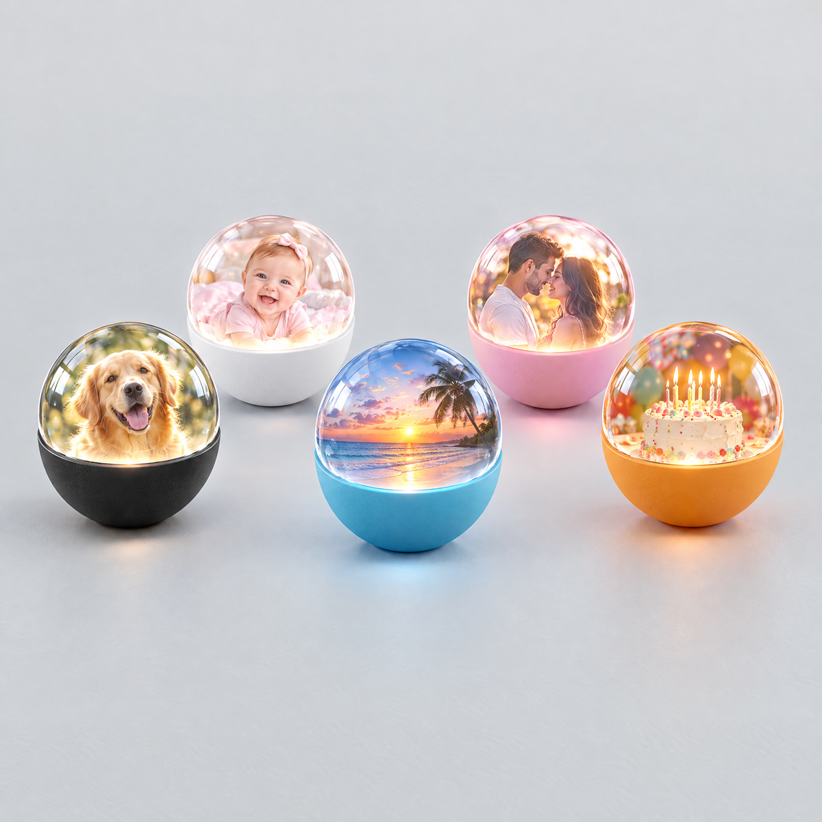 Crystal ball video player in black, white, blue, pink and orange