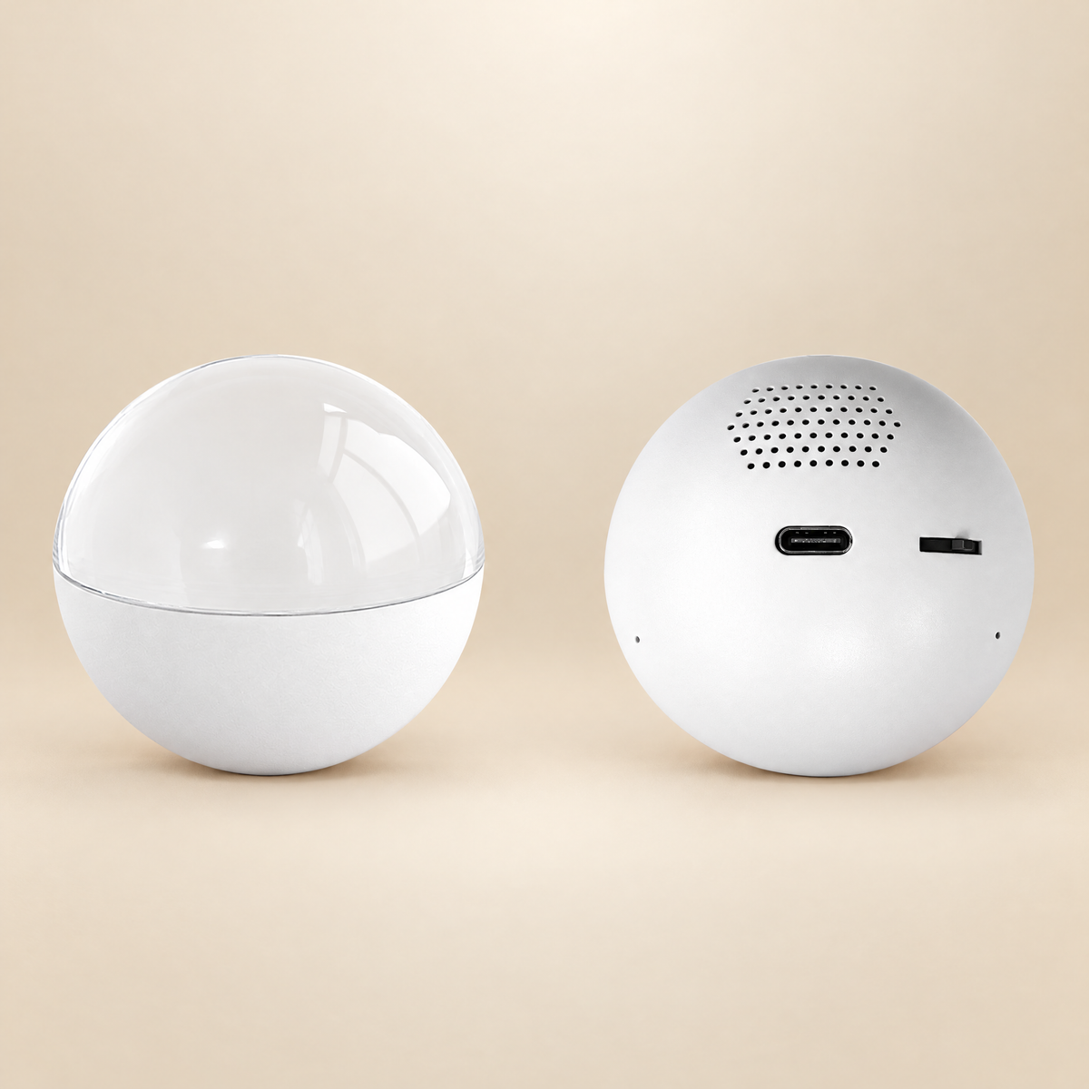 White 3D memory crystal ball video player - side and back view