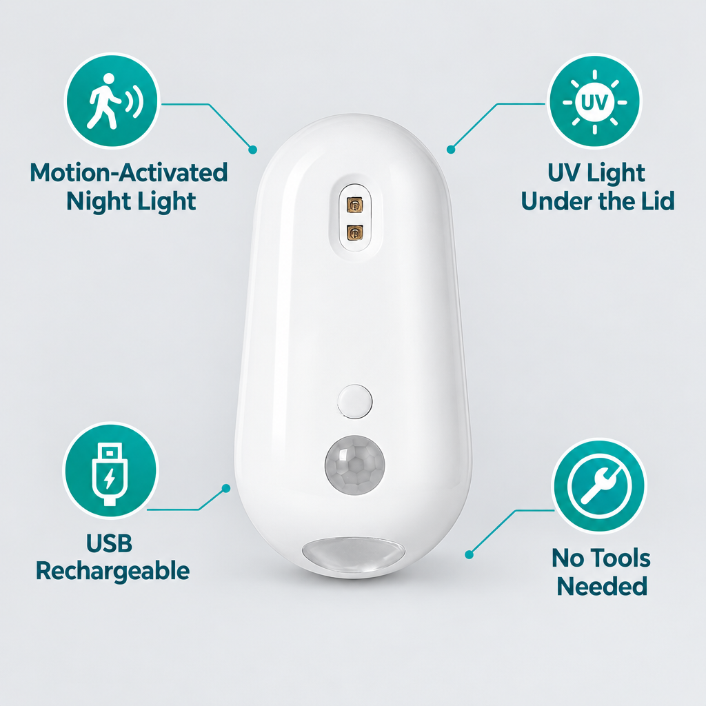 Toilet night light features: motion sensor, UV light, USB rechargeable, no tools