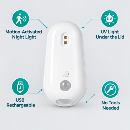 Toilet night light features: motion sensor, UV light, USB rechargeable, no tools