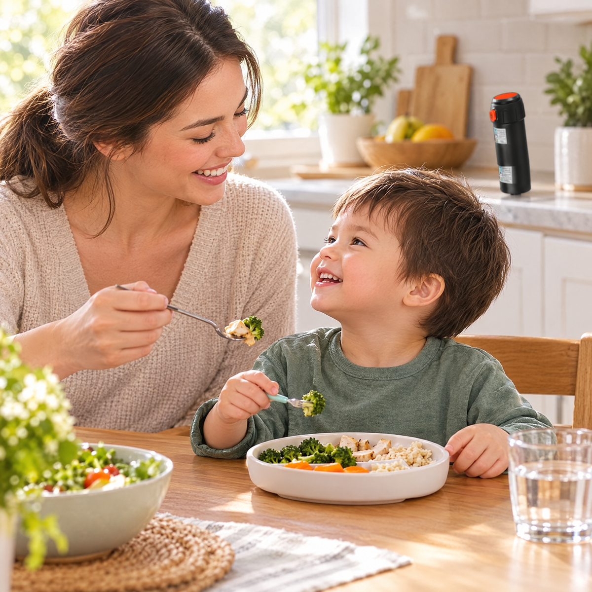 Family meal at home with the anti-choking device kept nearby