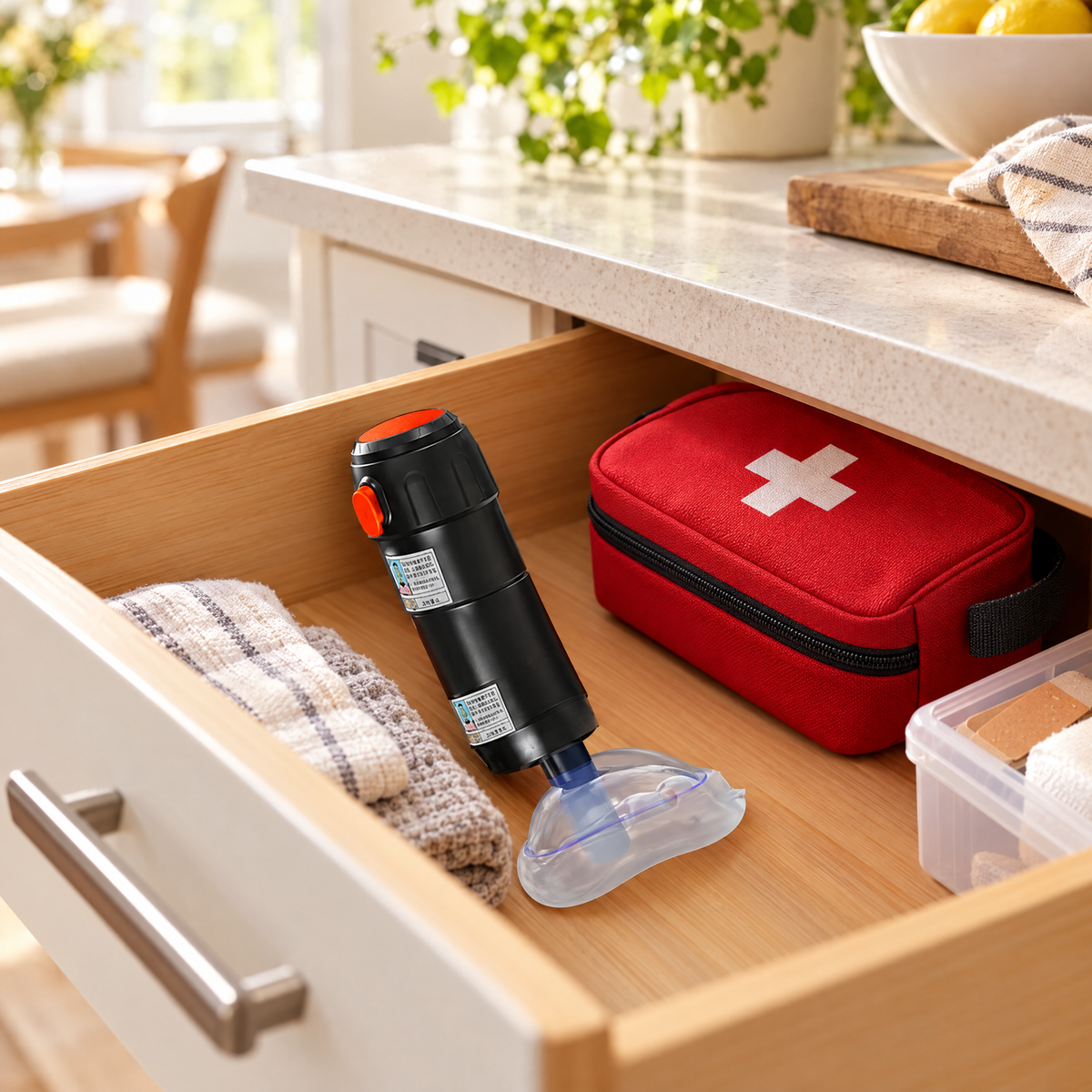 Anti-choking device stored in a kitchen drawer next to a first-aid kit