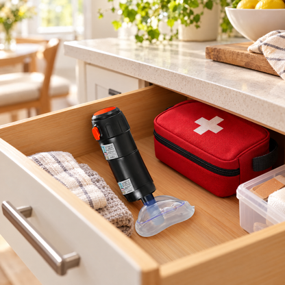 Anti-choking device stored in a kitchen drawer next to a first-aid kit