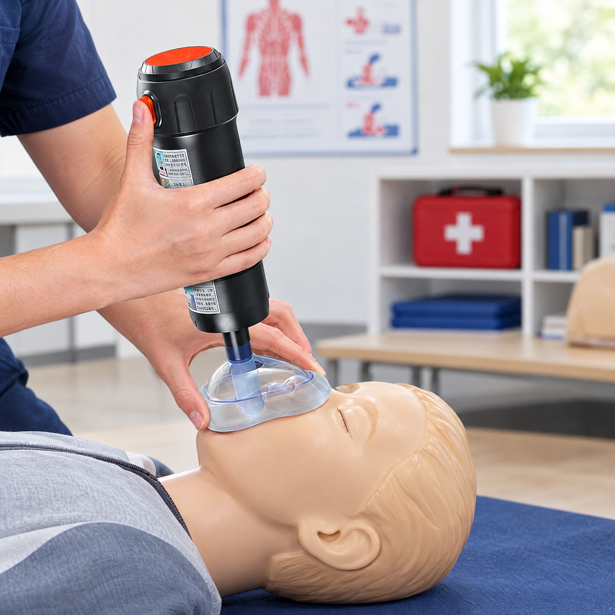 Demonstration of the anti-choking device on a CPR training mannequin