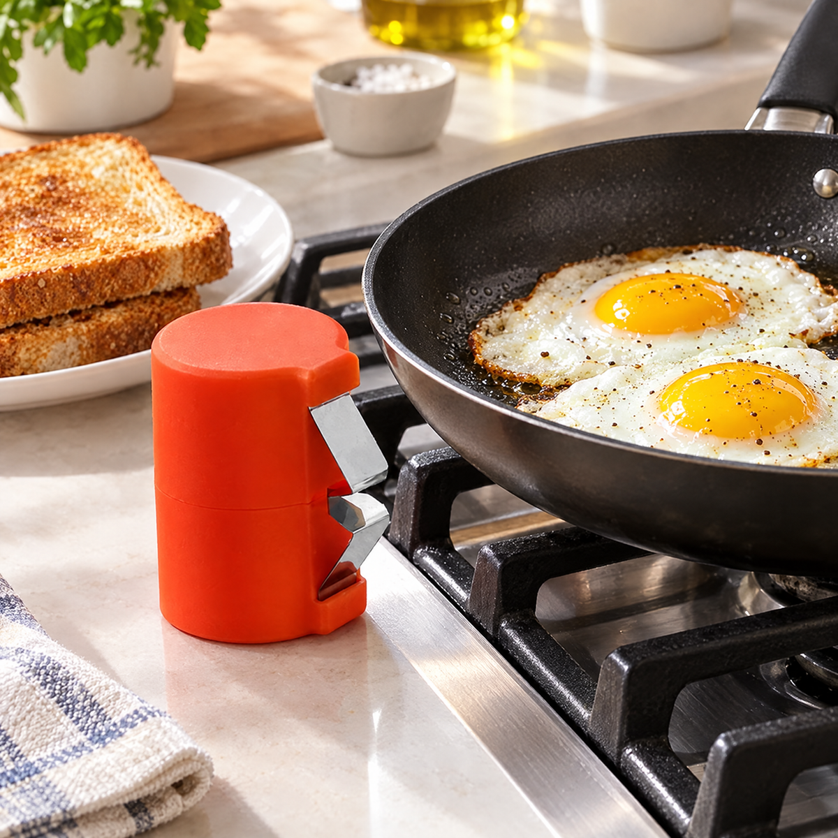 Orange red egg cracker next to fried eggs for breakfast