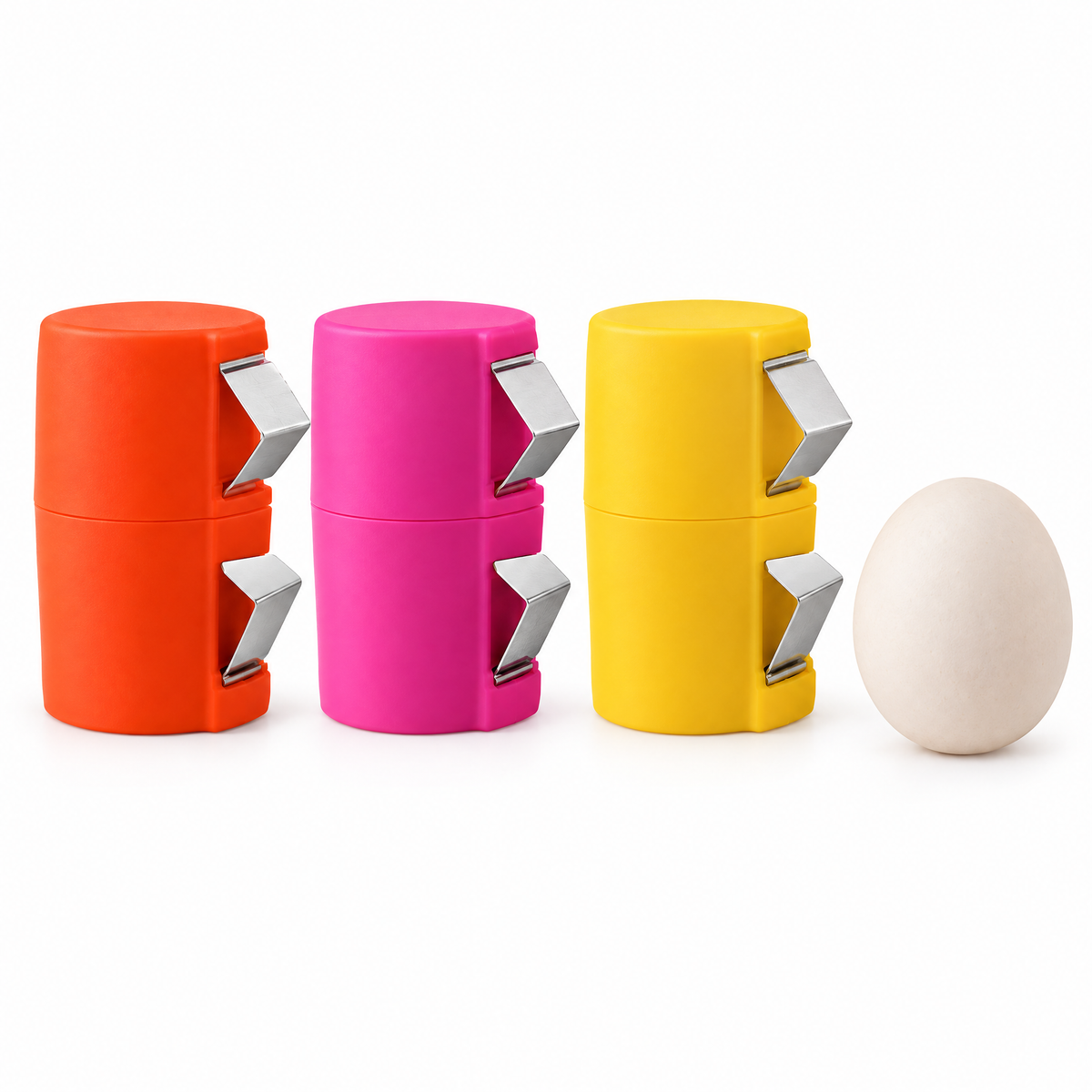 Handheld egg cracker tool in orange red, pink and yellow