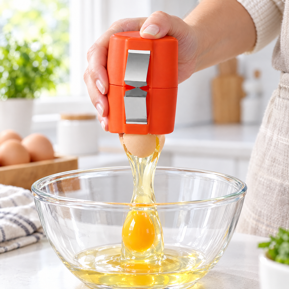 Cracking an egg cleanly into a bowl with the egg cracker tool