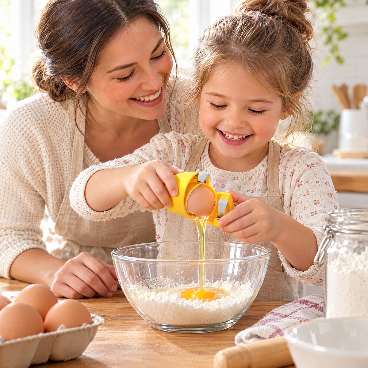 Child using the yellow egg cracker while baking with a parent