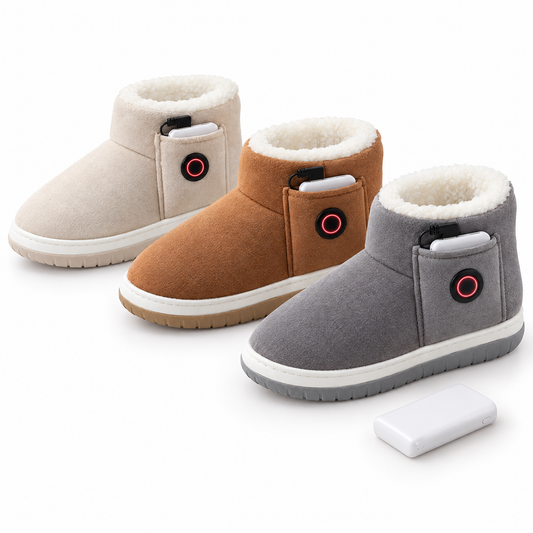 Heated boots in beige, brown and gray with rechargeable power bank