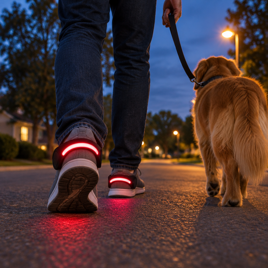 Evening dog walk with red LED shoe clip lights