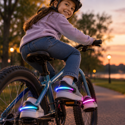 Kid riding a bike at dusk with LED shoe lights on her sneakers