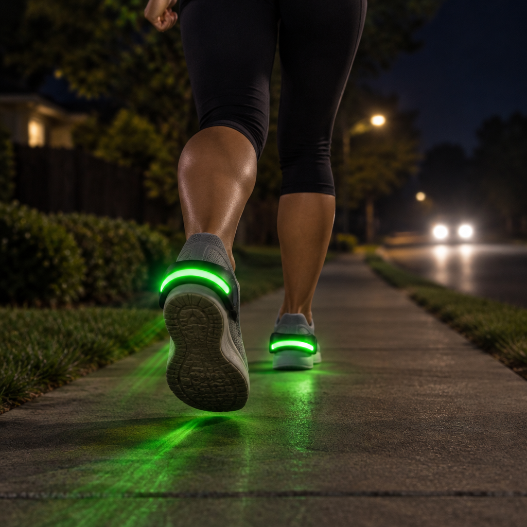 Runner at night with green LED heel lights visible to cars