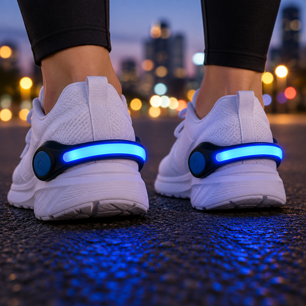 LED shoe clip lights glowing blue on the heels of white running sneakers at night