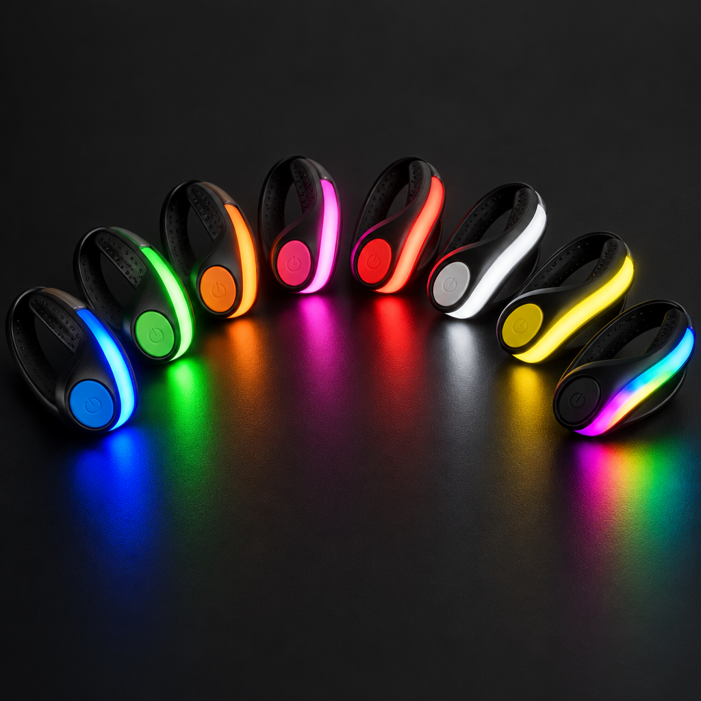 LED shoe clip lights in 8 colors: blue, green, orange, pink, red, white, yellow, multicolor