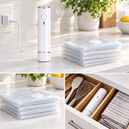 USB rechargeable handheld vacuum sealer that fits in a kitchen drawer