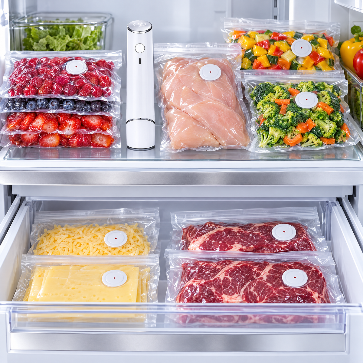 Organized fridge and freezer with vacuum-sealed food bags