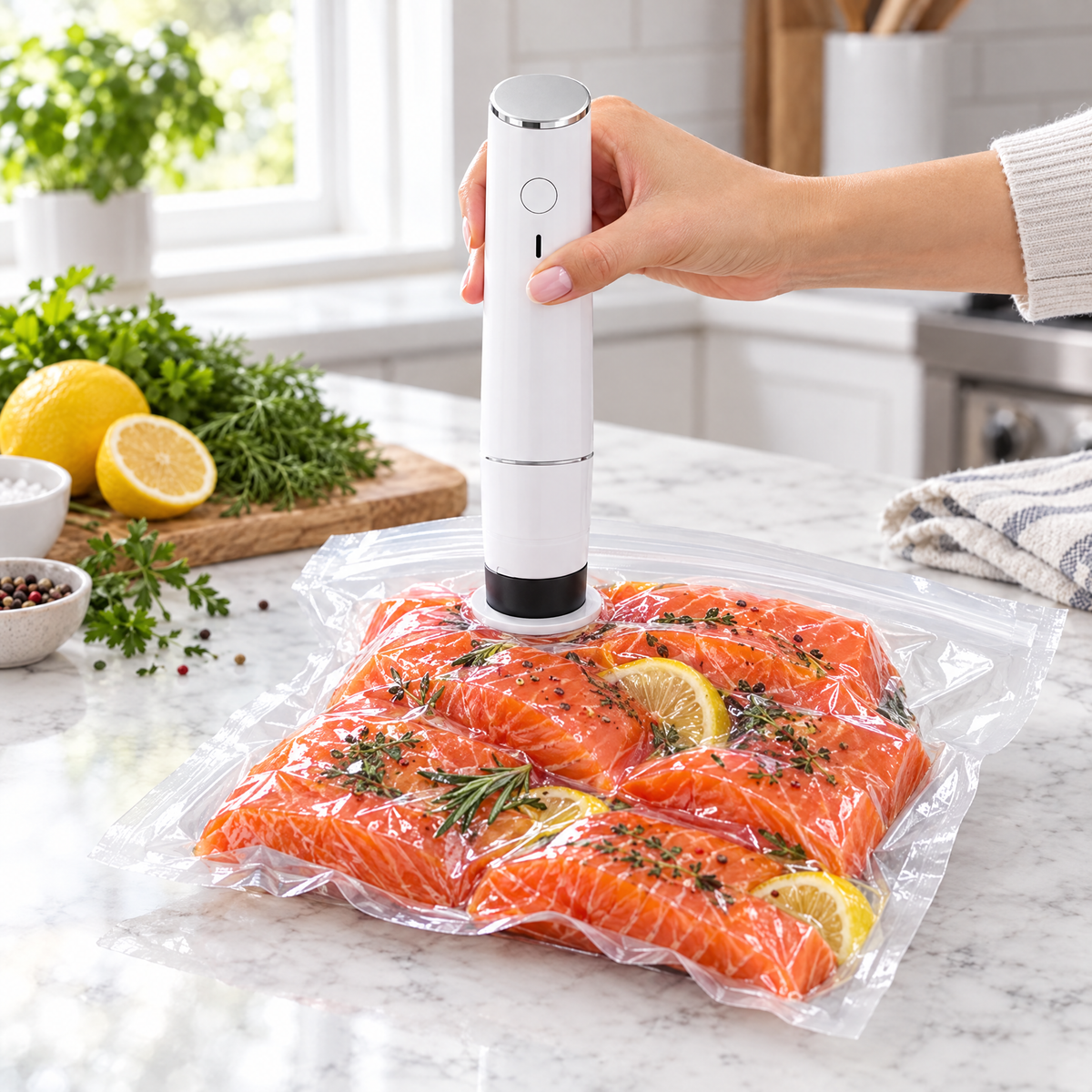 Vacuum sealing salmon fillets with a handheld vacuum sealer
